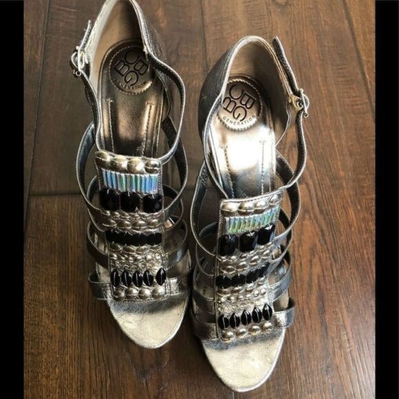 BCBG Platform Sandals, Silver, Patent leather, Embellished, Florescent  beads - Picture 2 of 9
